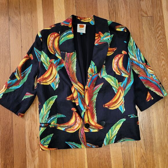 Farm Rio Preta Banana Double Breasted 100% Linen Jacket, Statement Piece, Sz M - Picture 6 of 8